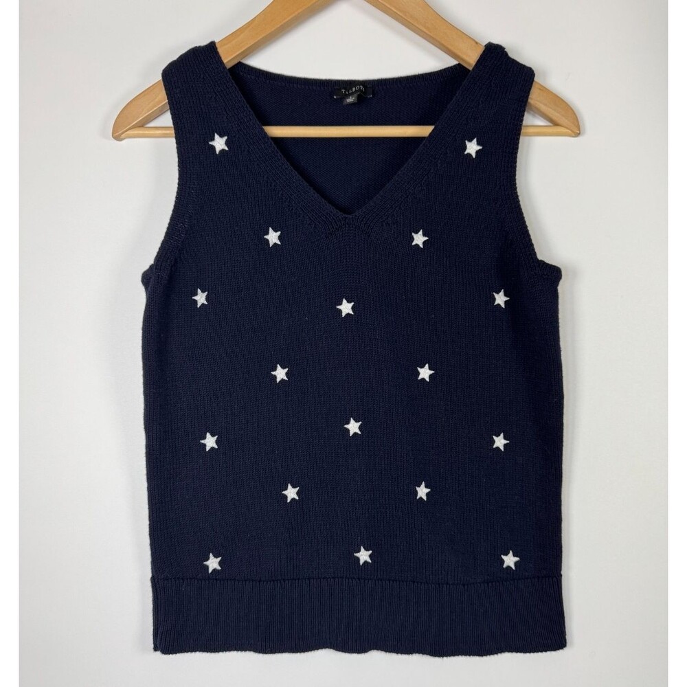 Talbots Womens Sweater Vest Small‎ Navy Blue White Star Embroidered Knit Cotton